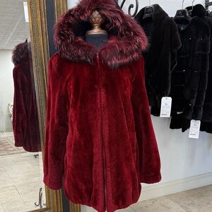 Luxurious dyed Volcano red Sheared Beaver Fur Jacket with fox trimmed hood.